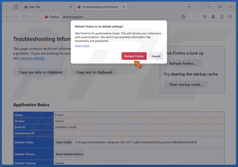Kliknij przycisk Odśwież przeglądarkę Firefox w oknie dialogowym potwierdzenia