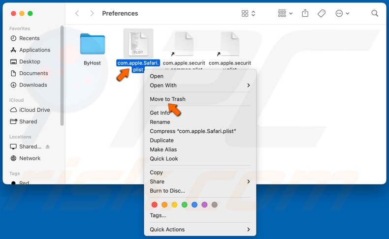Kliknij prawym przyciskiem myszy com.apple.Safari.plist i kliknij Przenieś do kosza