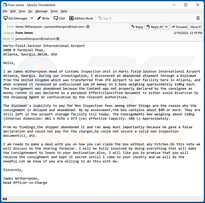 Abandoned Shipment email scam (2023-03-20)