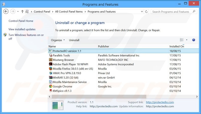 search.protectedio.com browser hijacker uninstall via Control Panel