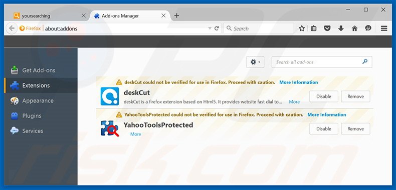 Removing yoursearching.com related Mozilla Firefox extensions