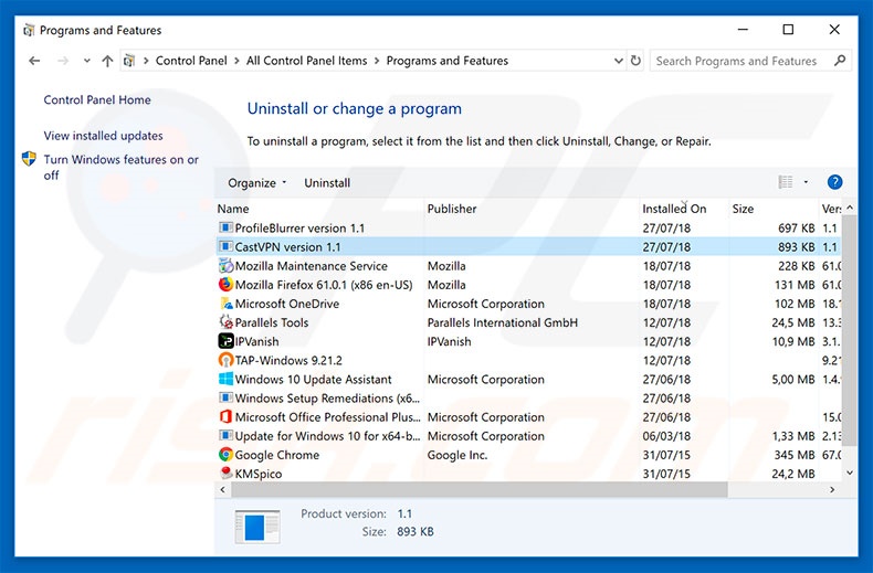 CastVPN adware uninstall via Control Panel