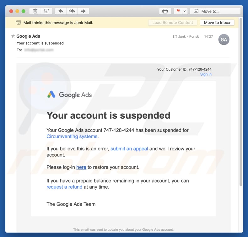 Google Ads - Your account is suspended kampania spamowa