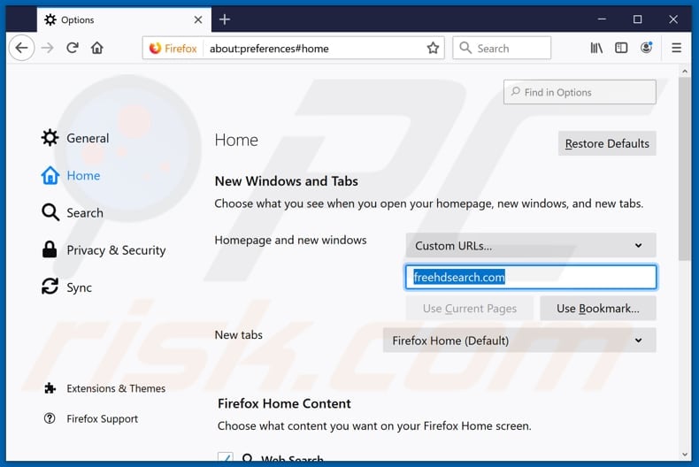 Removing freehdsearch.com from Mozilla Firefox homepage