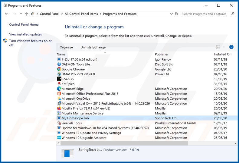 hmyhoroscopetab.com odinstalowanie porywacza przeglądarki za pomocą Panelu sterowania