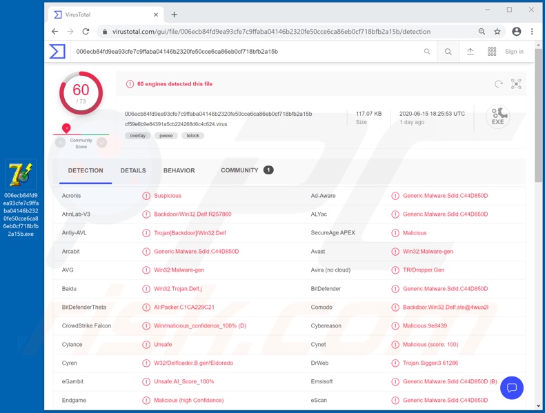 MyDoom wykrycia złośliwego oprogramowania w serwisie VirusTotal