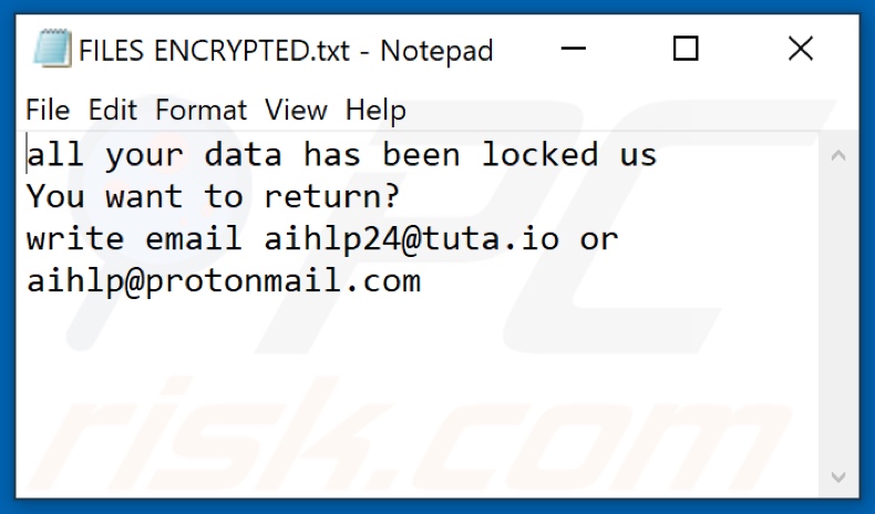 AHP ransomware text file (FILES ENCRYPTED.txt)