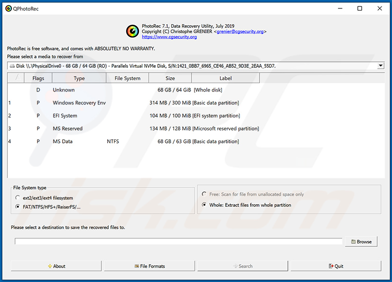 Narzędzie do przywracania PhotoRec dla ransomware Stop/Djvu