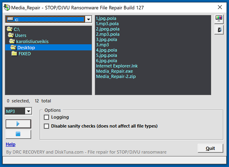 Media_Repair aplikacja DiskTura przywracająca pliki audio/wideo zaszyfrowane przez ransomware Stop/Djvu