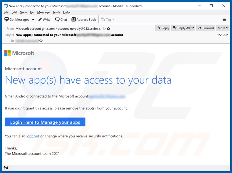 New app(s) have access to your Microsoft Account Kampania spamowa e-mail