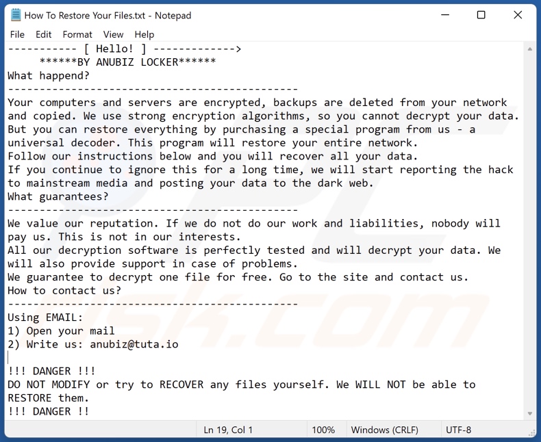 ANUBIZ LOCKER ransomware wiadomość z żądaniem okupu (How To Restore Your Files.txt)
