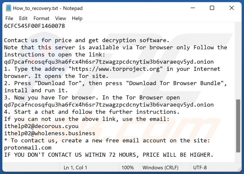 Plik tekstowy ransomware Farattack (How_to_recovery.txt)