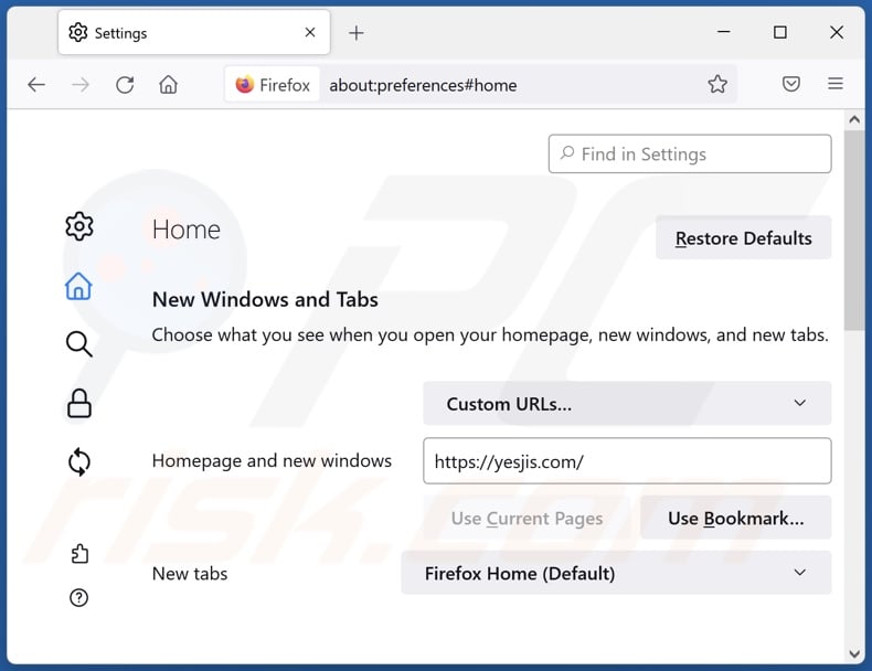 Usuwanie yesjis.com ze strony domowej Mozilla Firefox