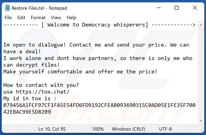 Wiadomość z żądaniem okupu ransomware Democracy Whisperers (Restore Files.txt)