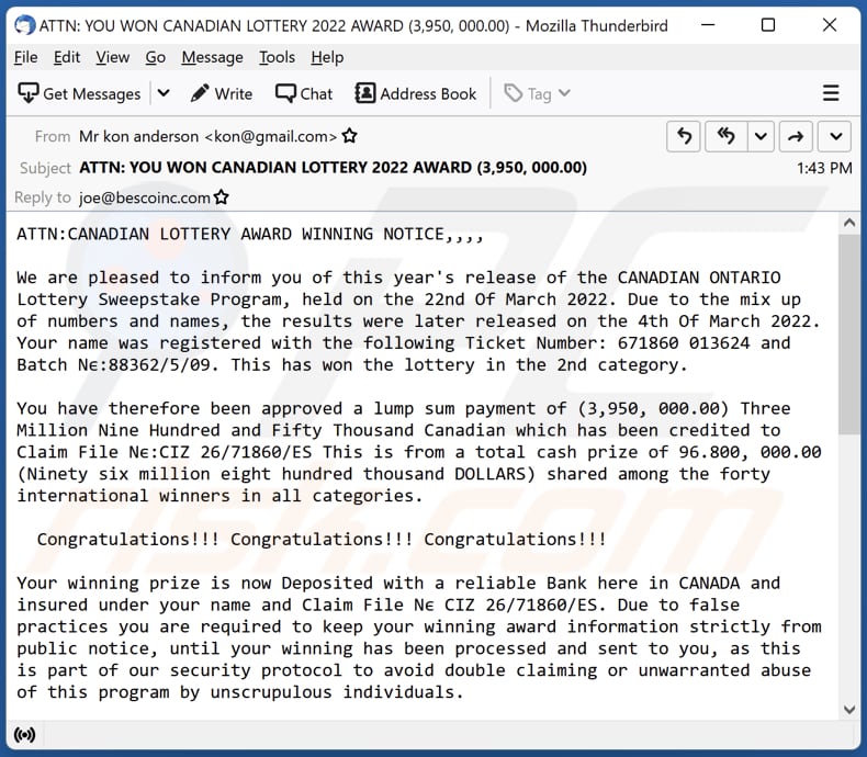 CANADIAN LOTTERY oszustwo e-mailowe