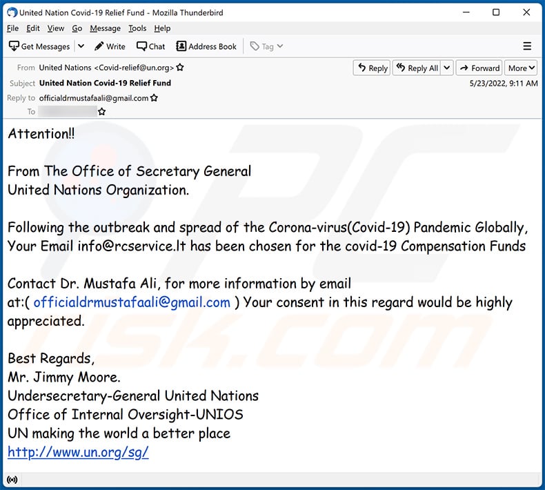 UNITED NATIONS COVID COMPENSATION email scam (2022-05-25)