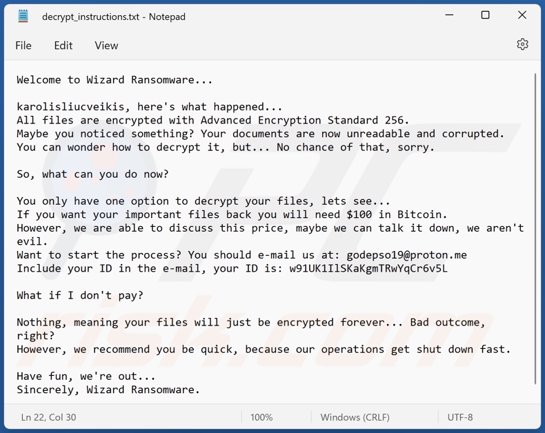 Notatka z żądaniem okupu ransomware Wizard (decrypt_instructions.txt)