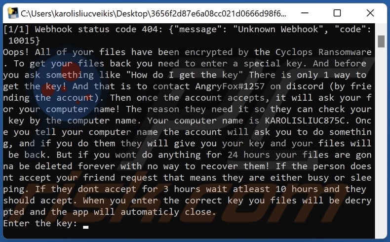 Notatka z żądaniem okupu ransomware Cyclops (cmd)