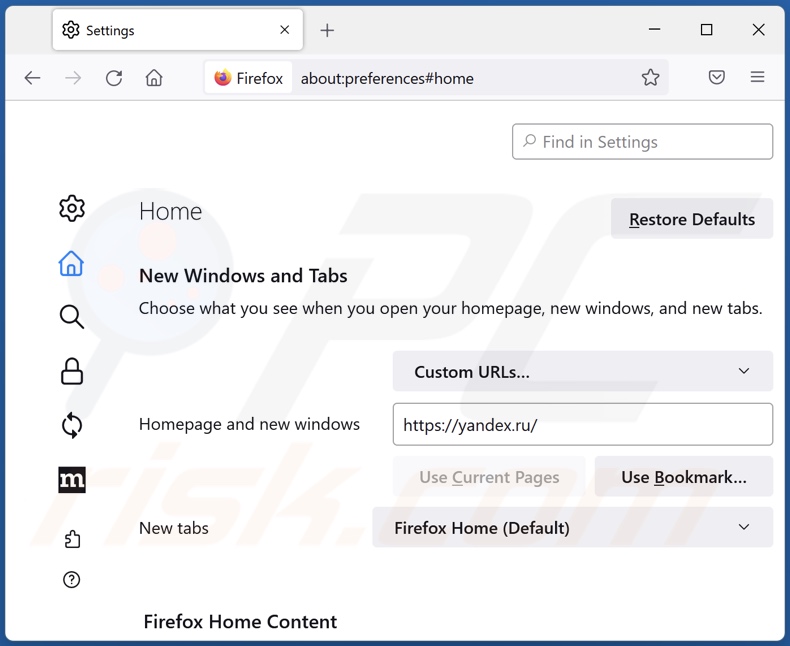 Usuwanie yandex.ru ze strony głównej Mozilla Firefox