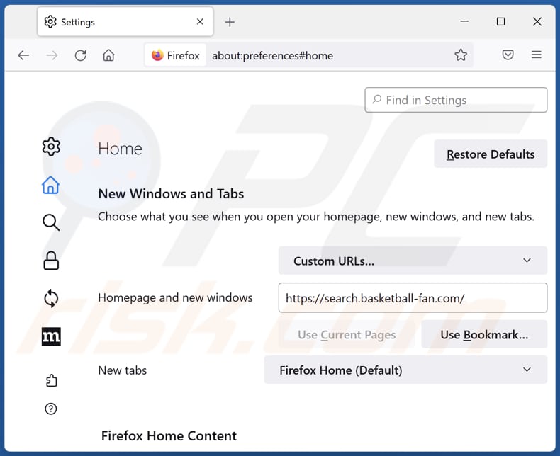 Usuwanie search.basketball-fan.com ze strony głównej Mozilla Firefox