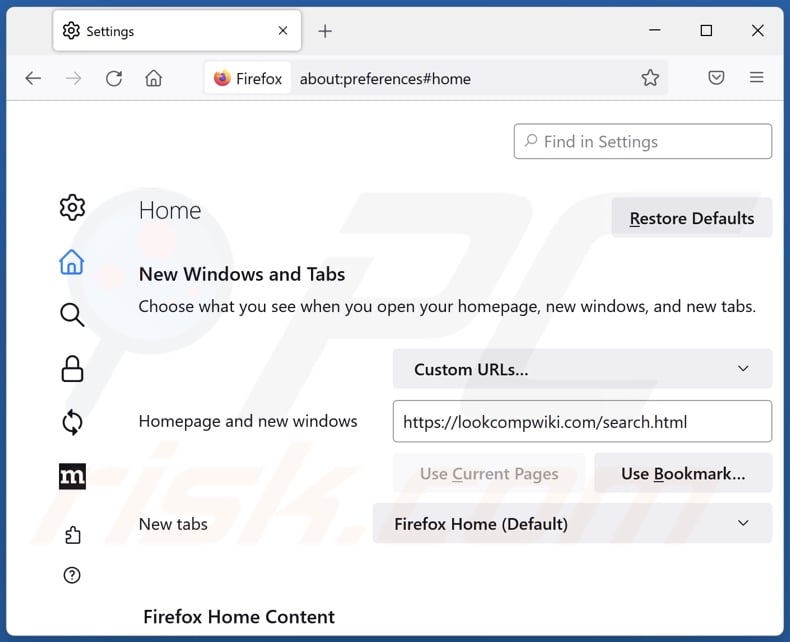 Usuwanie lookcompwiki.com ze strony domowej Mozilla Firefox