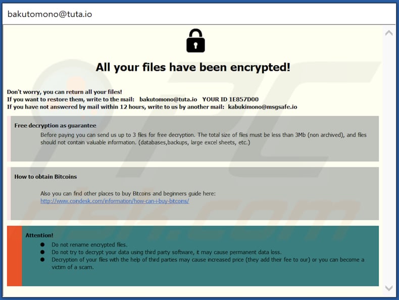 Notatka z żądaniem okupu ransomware Mono w oknie pop-up