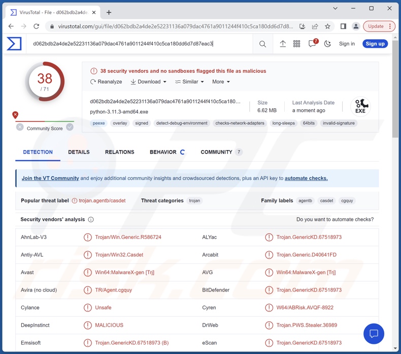 RustyStealer malware wykrycia w serwisie VirusTotal