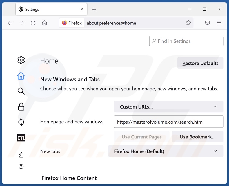 Usuwanie masterofvolume.com ze strony domowej Mozilla Firefox