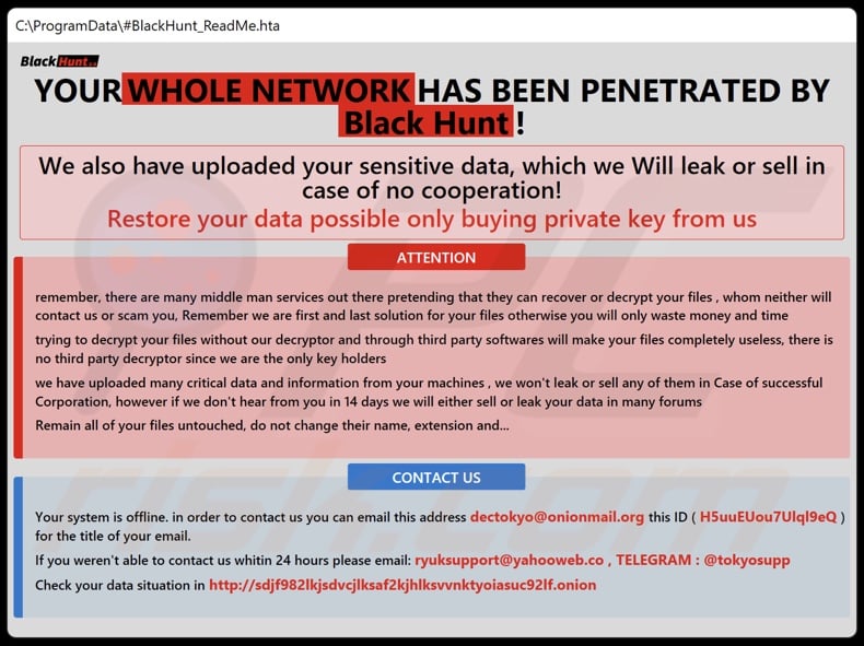 Notatka z żądaniem okupu ransomware Black Hunt 2.0 (#BlackHunt_ReadMe.hta)