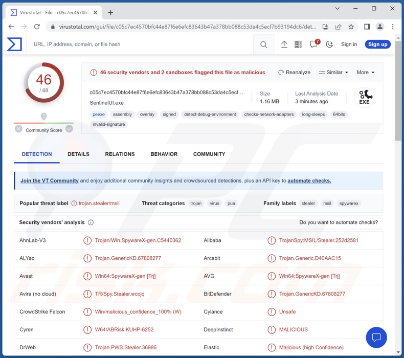 CustomerLoader wykrycia złośliwego oprogramowania w serwisie VirusTotal