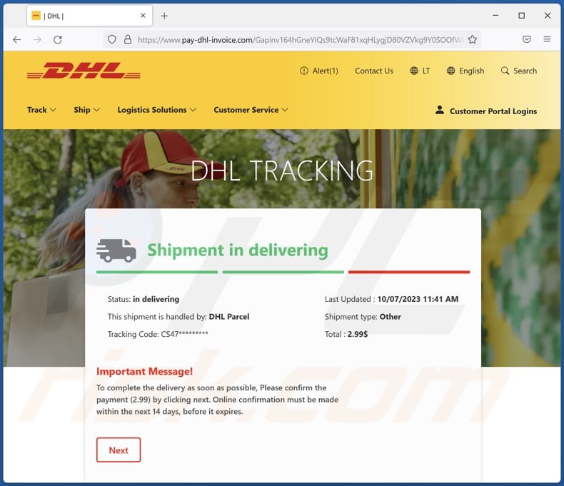 DHL Delivery Payment Oszukańczy e-mail promował fałszywą witrynę DHL