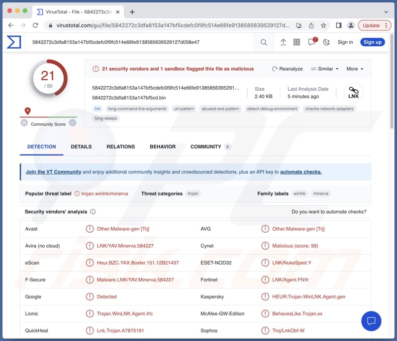 Wykrycia malware NokNok na VrusTotal