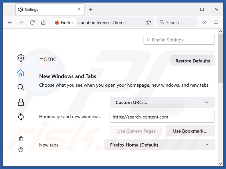 Usuwanie search-content.com ze strony domowej Mozilla Firefox