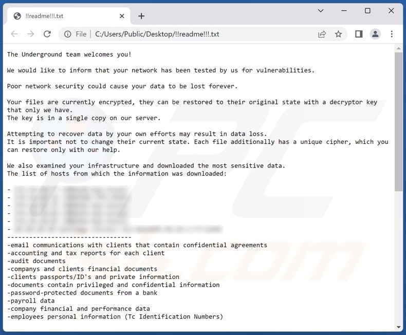 Notatka z żądaniem okupu ransomware Underground Team (!!readme!!!.txt)
