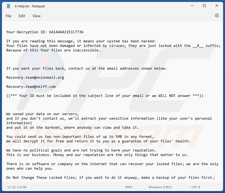 Plik tekstowy ransomware X (X-Help.txt)