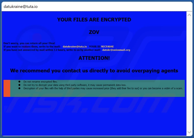 Okno pop-up ransomware ZOV