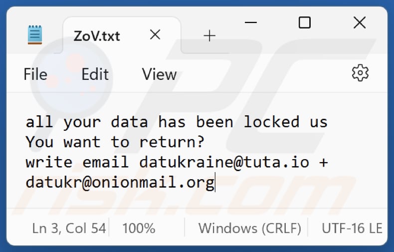 Plik tekstowy ransomware ZOV (ZoV.txt)