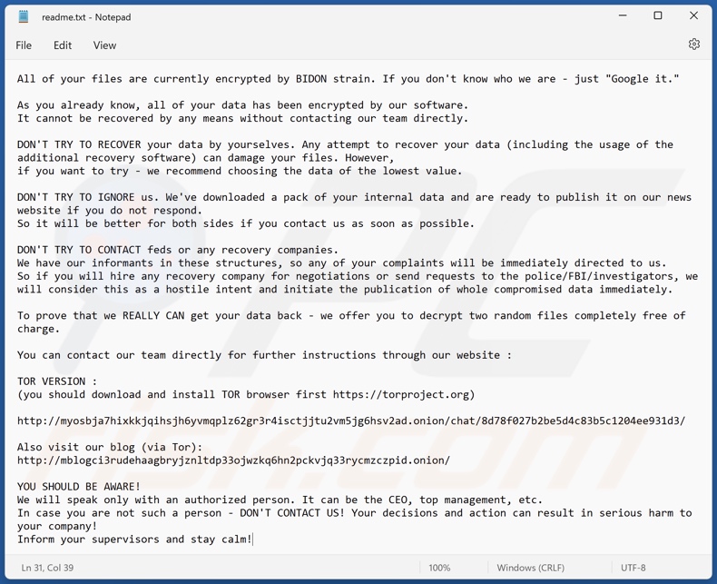 Notatka z żądaniem okupu (readme.txt) BIDON
