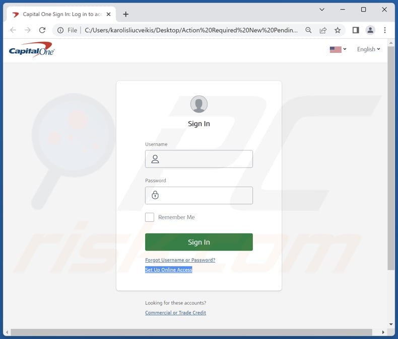 Capital One SECURITY MESSAGE oszukańcza wiadomość e-mail promująca plik phishingowy (Action Required New Pending E-payment on Your Account.html)