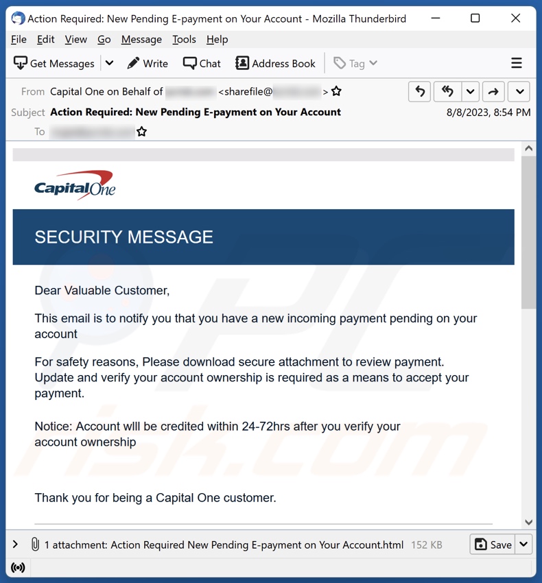 Capital One SECURITY MESSAGE Kampania spamowa e-mail