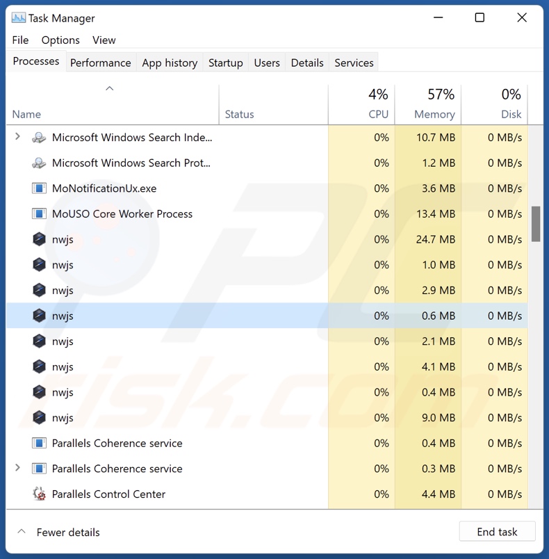 Proces adware Designer w Menedżerze zadań (nwjs – nazwa procesu)