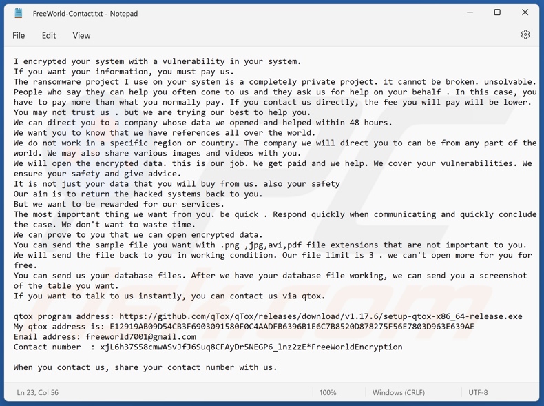 Notatka z żądaniem okupu ransomware FreeWorld (FreeWorld-Contact.txt)