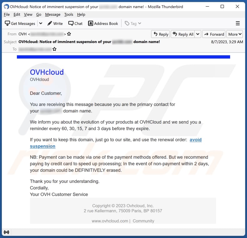 E-mailowa kampania spamowa OVHCloud Suspension