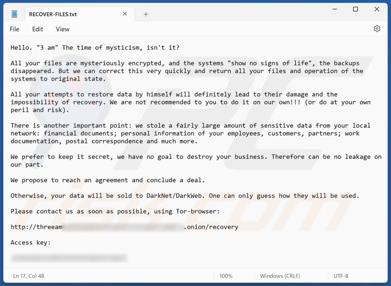 Plik tekstowy ransomware 3AM (RECOVER-FILES.txt)