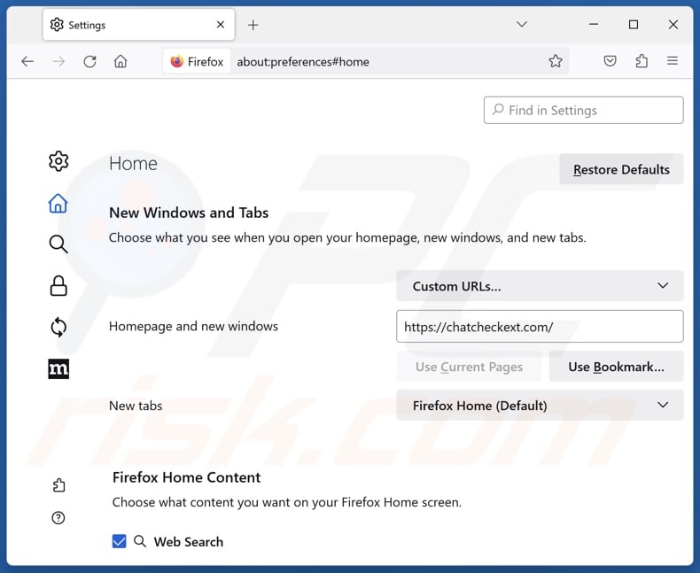 Usuwanie chatcheckext.com ze strony domowej Mozilla Firefox
