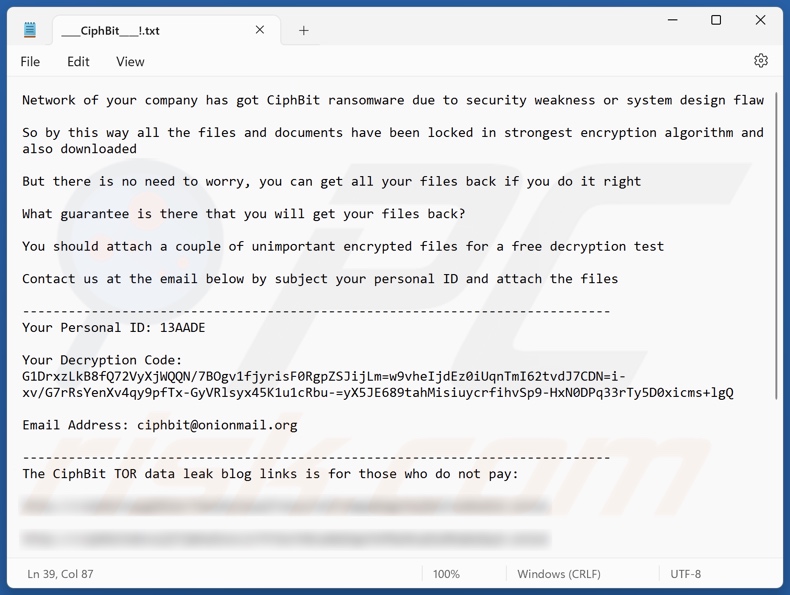 Notatka z żądaniem okupu ransomware CiphBit (____CiphBit____!.txt)