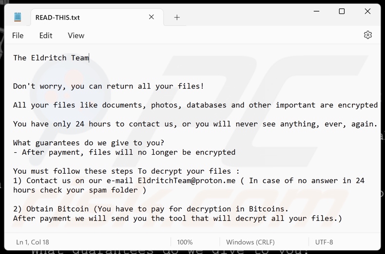 Notatka z żądaniem okupu ransomware Eldritch (READ-THIS.txt)