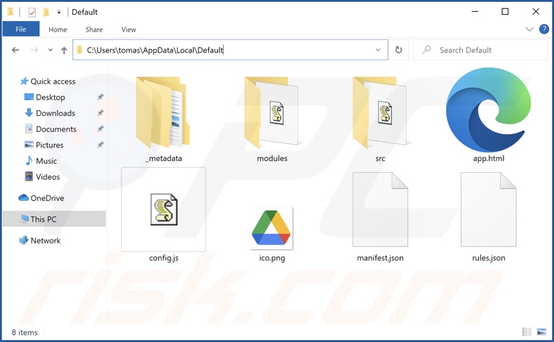 Folder instalacyjny fałszywego rozszerzenia Google Drive (nazwany Default)