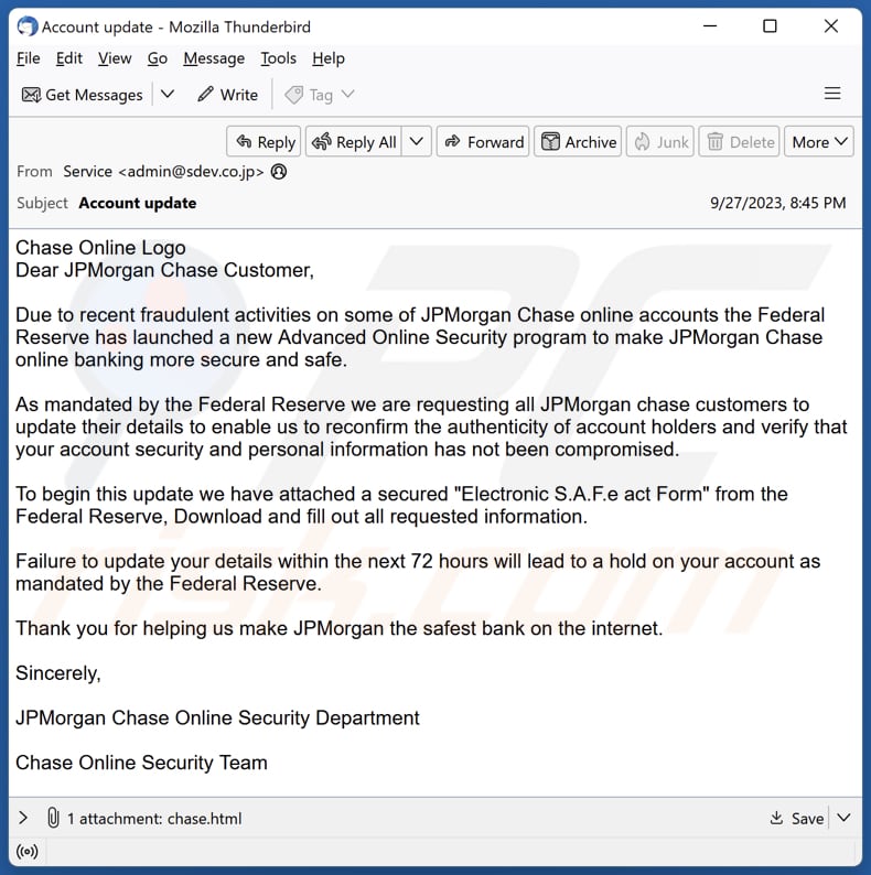 Oszustwo e-mailowe JPMorgan Chase Online Security Department