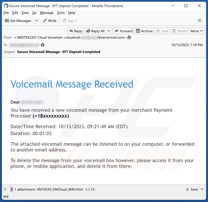 E-mailowa kampania spamowa Voicemail Message Received